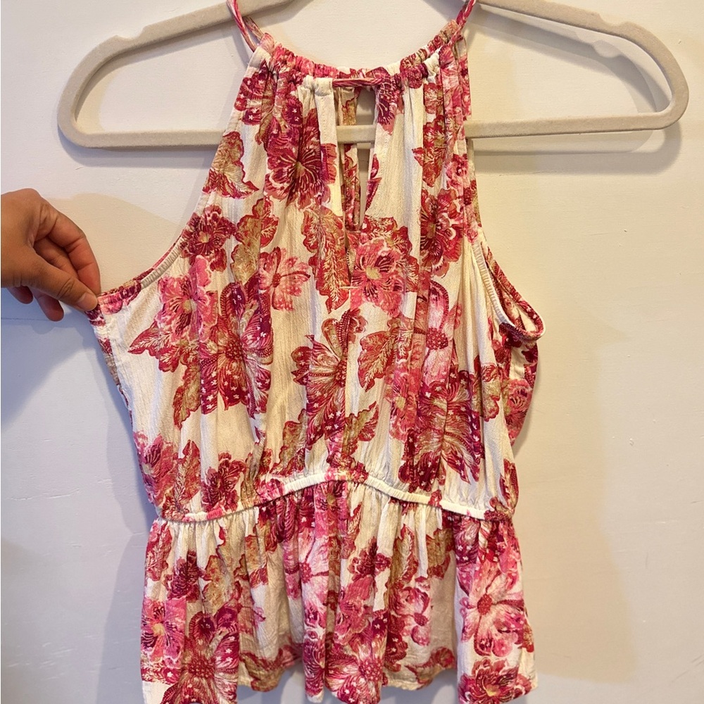 Old Navy Pink and White Asymmetrical Ruffled Tank Top